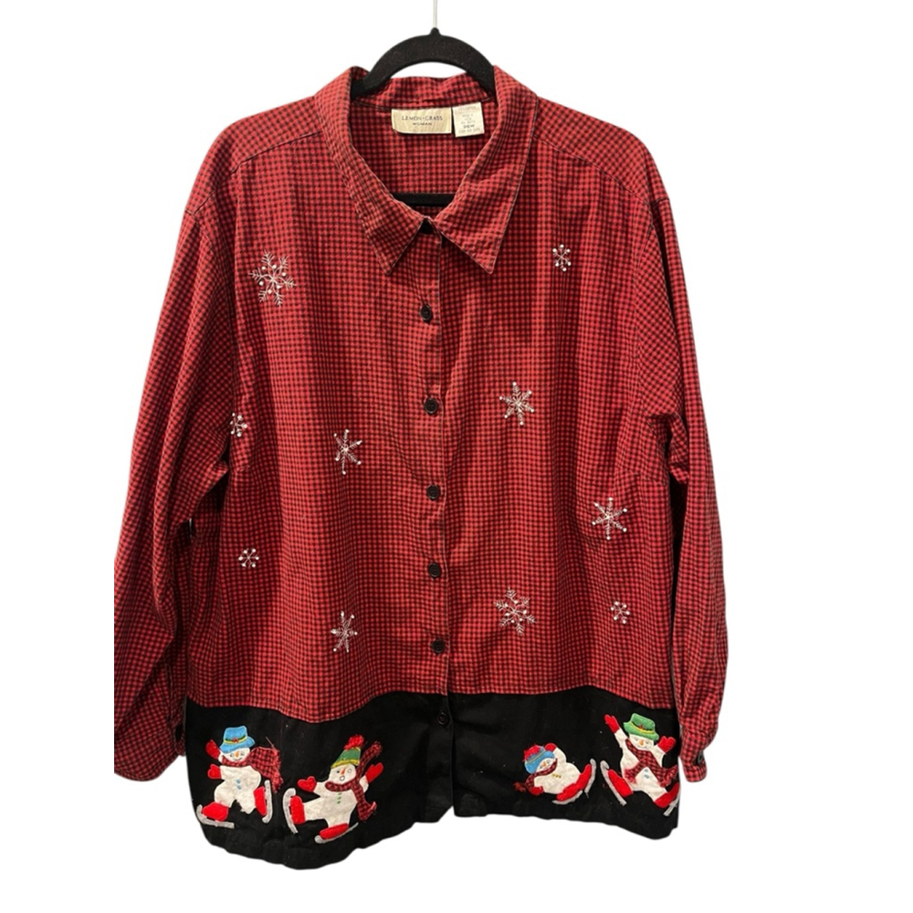 Vintage Lemon Grass Christmas Button Down Size 26 Snowmen Shirt Long Sleeve Red